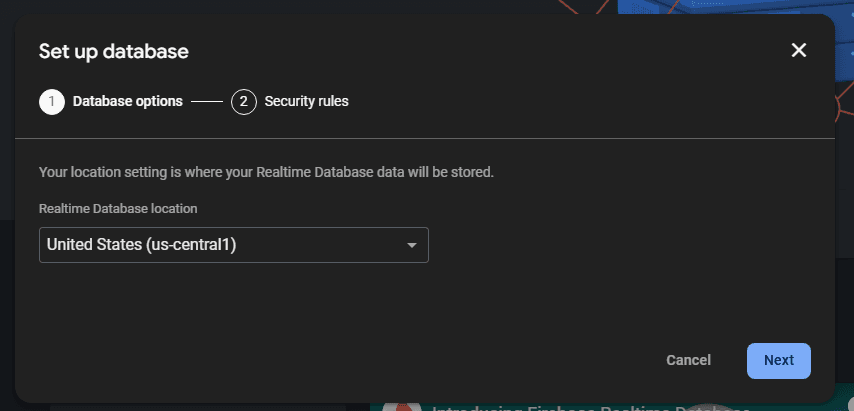 Create realtime database - Choose location