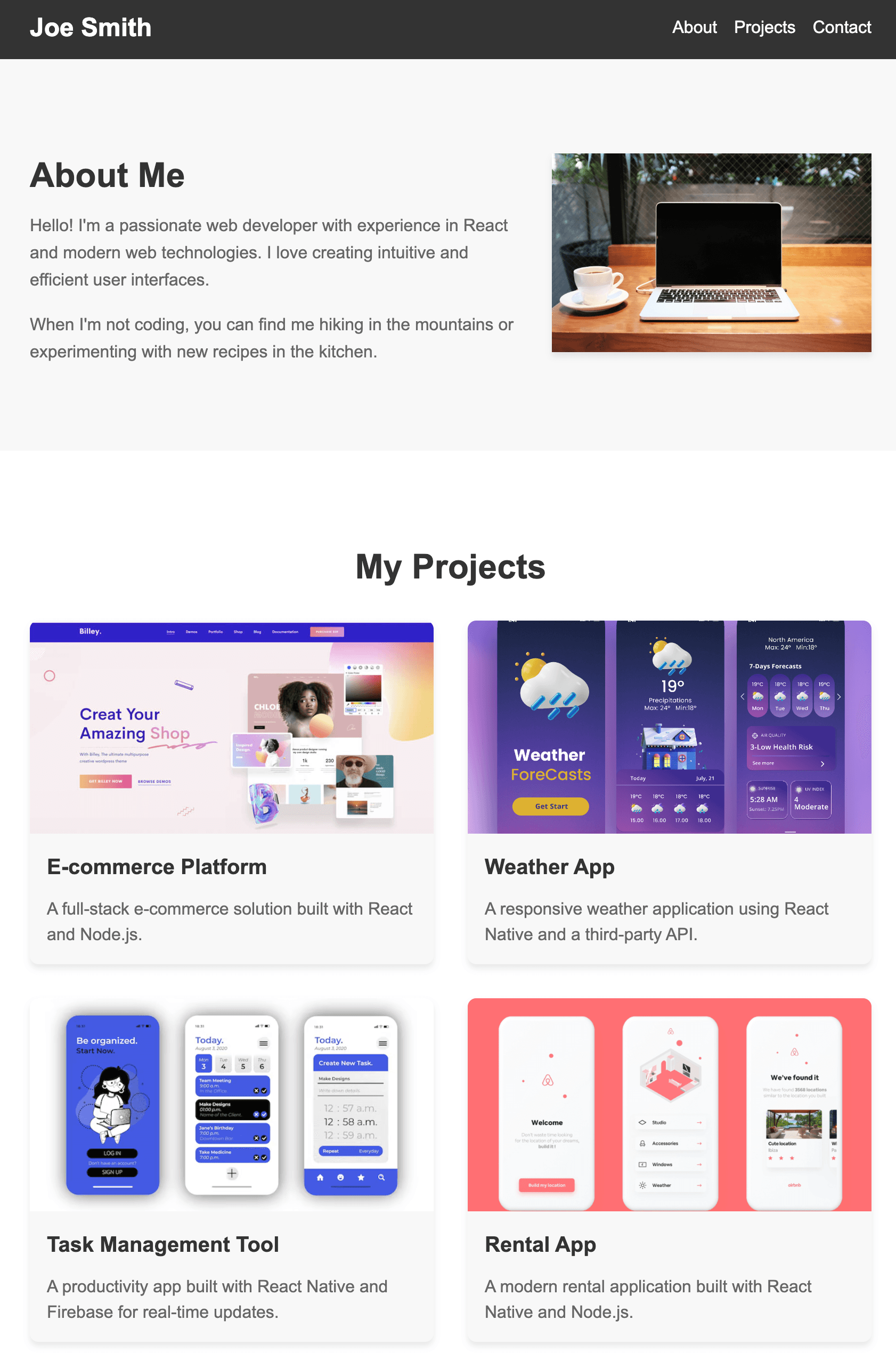 Our portfolio app after adding projects.