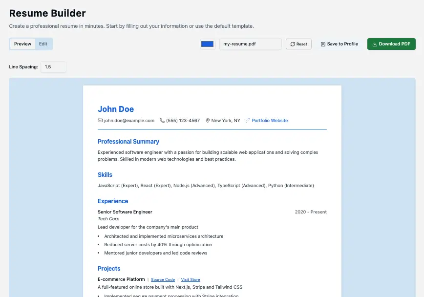 Resume Builder Interface
